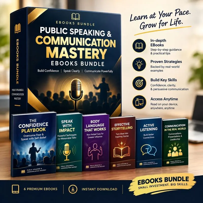 Public Speaking and Communication Mastery e-books bundle: a box set with its e-books on confidence, impact, body language, storytelling and listening