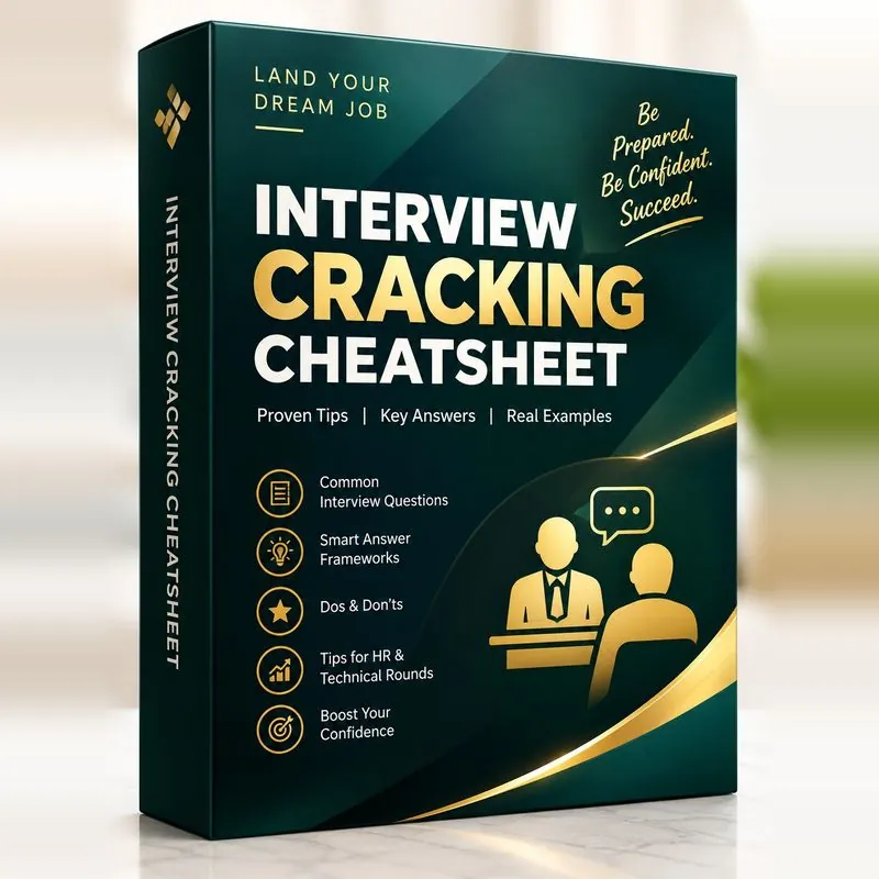 Interview Cracking Cheatsheet product box: common interview questions, smart answer frameworks, dos and don'ts, tips for HR and technical rounds