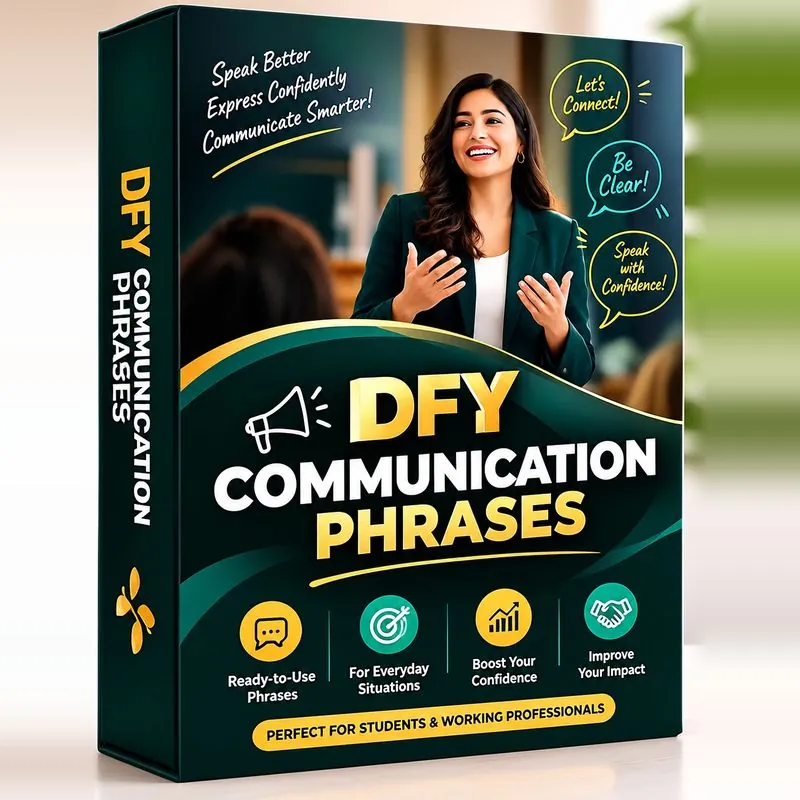 DFY Communication Phrases product box: ready-to-use phrases for everyday situations, for students and working professionals
