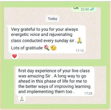 Student message: grateful for the energetic Sunday classes, and the first live class was amazing