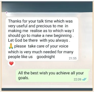 Student message: thanks for the talk time, it showed which way to go for a new beginning