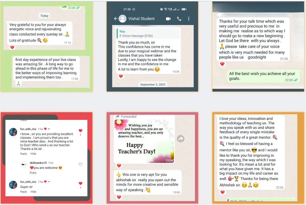 Screenshots of student messages thanking the trainer